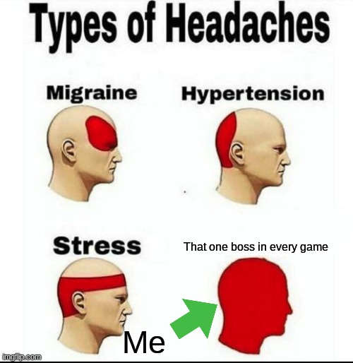 Types of Headaches meme | That one boss in every game; Me | image tagged in types of headaches meme | made w/ Imgflip meme maker