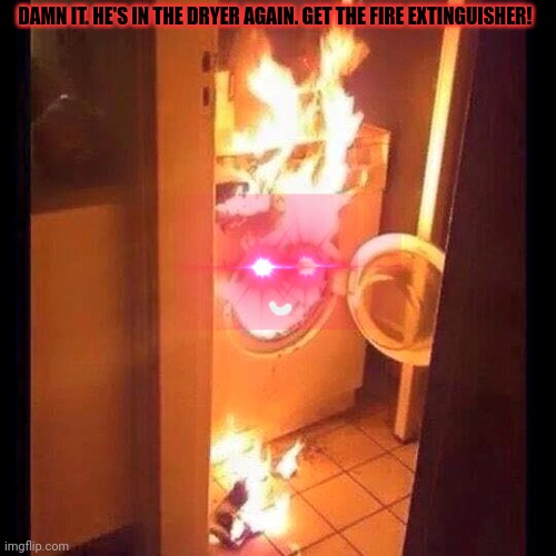 Get outta my dryer! | DAMN IT. HE'S IN THE DRYER AGAIN. GET THE FIRE EXTINGUISHER! | image tagged in dryer fire,but why why would you do that,ghost in the machine | made w/ Imgflip meme maker