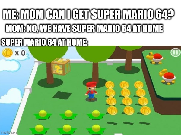 rip-off mario games be like | ME: MOM CAN I GET SUPER MARIO 64? MOM: NO, WE HAVE SUPER MARIO 64 AT HOME; SUPER MARIO 64 AT HOME: | image tagged in memes,funny,mario,at home | made w/ Imgflip meme maker
