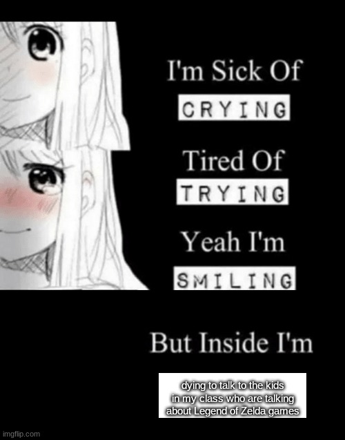 I'm Sick Of Crying | dying to talk to the kids in my class who are talking about Legend of Zelda games | image tagged in i'm sick of crying | made w/ Imgflip meme maker