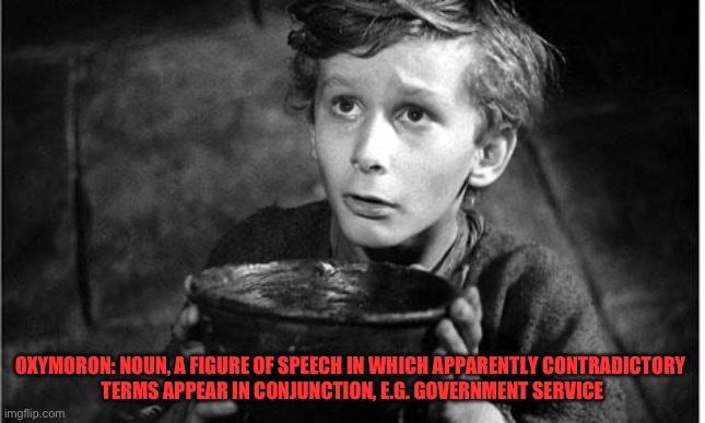 Oliver Twist | OXYMORON: NOUN, A FIGURE OF SPEECH IN WHICH APPARENTLY CONTRADICTORY 
TERMS APPEAR IN CONJUNCTION, E.G. GOVERNMENT SERVICE | image tagged in oliver twist | made w/ Imgflip meme maker