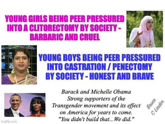 Clitorectomy Bad - Castration Good | YOUNG GIRLS BEING PEER PRESSURED
INTO A CLITORECTOMY BY SOCIETY - 
BARBARIC AND CRUEL; YOUNG BOYS BEING PEER PRESSURED
INTO CASTRATION / PENECTOMY BY SOCIETY - HONEST AND BRAVE; Barack and Michelle Obama
Strong supporters of the Transgender movement and its effect on America for years to come.
"You didn't build that...We did."; Bruce 
C Linder | image tagged in clitorectomy,castration,penectomy,barack obama,michelle obama,why | made w/ Imgflip meme maker