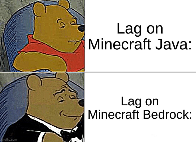 Tuxedo Winnie The Pooh | Lag on Minecraft Java:; Lag on Minecraft Bedrock: | image tagged in memes,tuxedo winnie the pooh | made w/ Imgflip meme maker