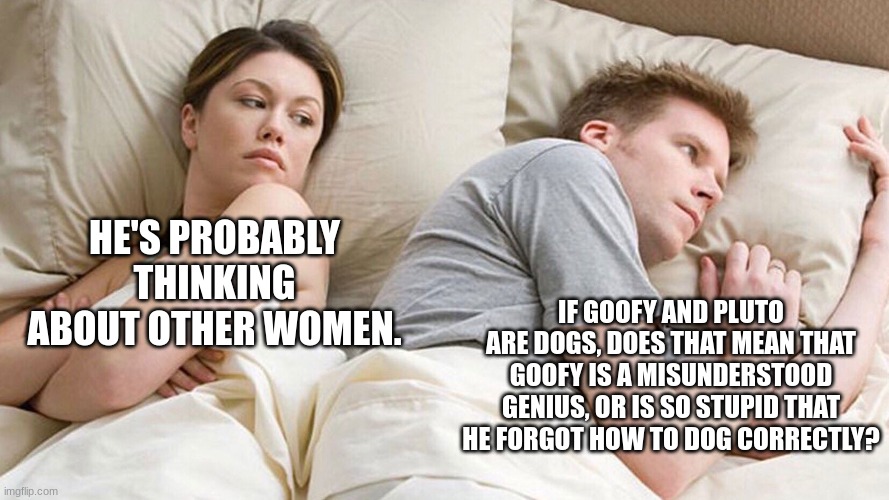 Think about it... | HE'S PROBABLY THINKING ABOUT OTHER WOMEN. IF GOOFY AND PLUTO ARE DOGS, DOES THAT MEAN THAT GOOFY IS A MISUNDERSTOOD GENIUS, OR IS SO STUPID THAT HE FORGOT HOW TO DOG CORRECTLY? | image tagged in couple in bed | made w/ Imgflip meme maker