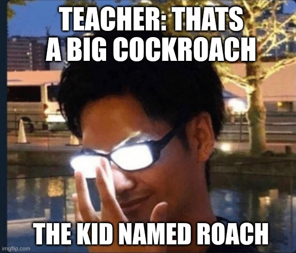 Anime glasses | TEACHER: THATS A BIG COCKROACH; THE KID NAMED ROACH | image tagged in anime glasses | made w/ Imgflip meme maker