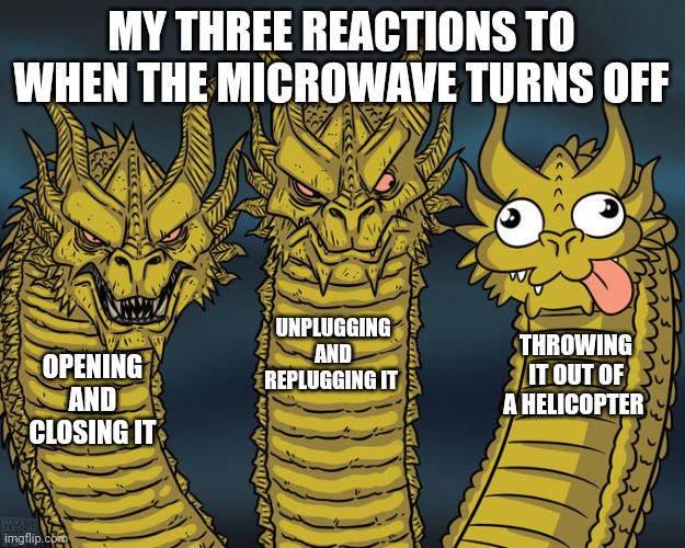 Microwave trouble doesn't mean you have to throw it out of a helicopter | MY THREE REACTIONS TO WHEN THE MICROWAVE TURNS OFF; UNPLUGGING AND REPLUGGING IT; THROWING IT OUT OF A HELICOPTER; OPENING AND CLOSING IT | image tagged in three-headed dragon | made w/ Imgflip meme maker