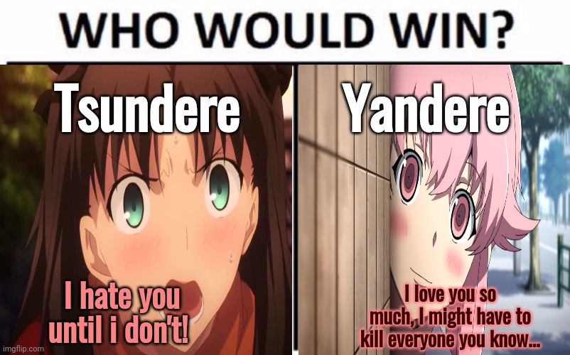 Tsundere vs Yandere | Tsundere; Yandere; I hate you until i don't! I love you so much, I might have to kill everyone you know... | image tagged in tsundere,yandere,anime girl,no,this is not okie dokie | made w/ Imgflip meme maker