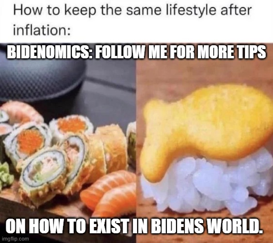Bidenomics | BIDENOMICS: FOLLOW ME FOR MORE TIPS; ON HOW TO EXIST IN BIDENS WORLD. | image tagged in bidenomics | made w/ Imgflip meme maker