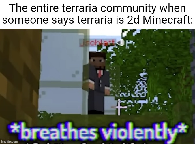 Needed an excuse to use this | The entire terraria community when someone says terraria is 2d Minecraft: | image tagged in jschlatt breathing violently | made w/ Imgflip meme maker