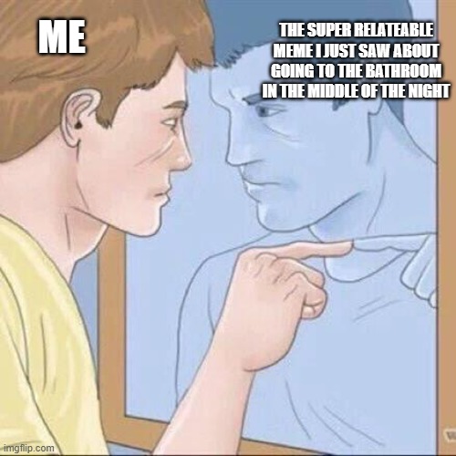 Pointing mirror guy | THE SUPER RELATEABLE MEME I JUST SAW ABOUT GOING TO THE BATHROOM IN THE MIDDLE OF THE NIGHT; ME | image tagged in pointing mirror guy | made w/ Imgflip meme maker