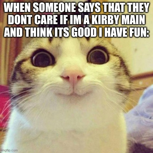 Smiling Cat | WHEN SOMEONE SAYS THAT THEY DONT CARE IF IM A KIRBY MAIN AND THINK ITS GOOD I HAVE FUN: | image tagged in memes,smiling cat | made w/ Imgflip meme maker