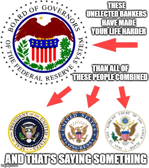 End The Federal Reserve | THESE UNELECTED BANKERS; HAVE MADE YOUR LIFE HARDER; THAN ALL OF THESE PEOPLE COMBINED; AND THAT'S SAYING SOMETHING | image tagged in federal reserve,inflation,cost of living,money,monetary expansion | made w/ Imgflip meme maker