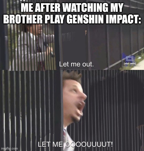 Let me ooooooooooooooooooooooooouuuuuut | ME AFTER WATCHING MY BROTHER PLAY GENSHIN IMPACT: | image tagged in let me out | made w/ Imgflip meme maker