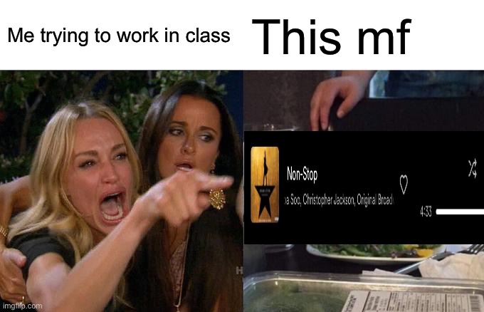 HAMILTON WROTE THE OTHER 51! | Me trying to work in class; This mf | image tagged in memes,woman yelling at cat | made w/ Imgflip meme maker