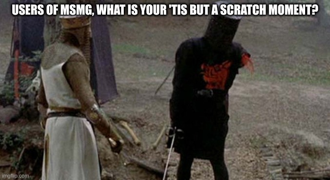 Tis but a scratch | USERS OF MSMG, WHAT IS YOUR 'TIS BUT A SCRATCH MOMENT? | image tagged in tis but a scratch | made w/ Imgflip meme maker