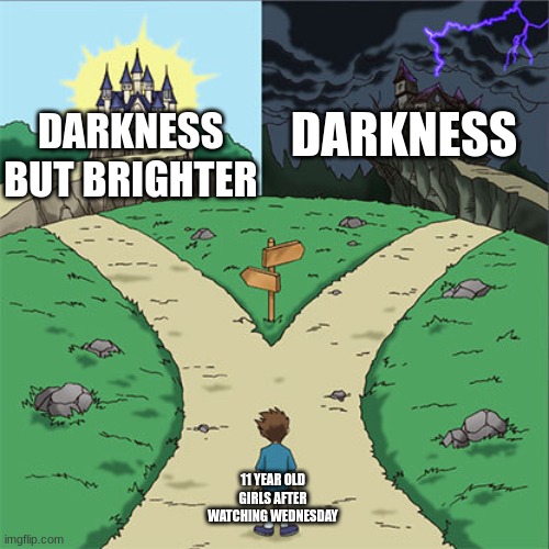 Two Paths | DARKNESS; DARKNESS BUT BRIGHTER; 11 YEAR OLD GIRLS AFTER WATCHING WEDNESDAY | image tagged in two paths | made w/ Imgflip meme maker