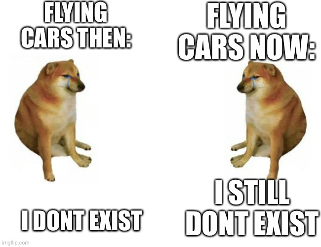 Flying cars should be here | FLYING CARS THEN:; FLYING CARS NOW:; I DONT EXIST; I STILL DONT EXIST | image tagged in cheems vs cheems,car,flying car | made w/ Imgflip meme maker