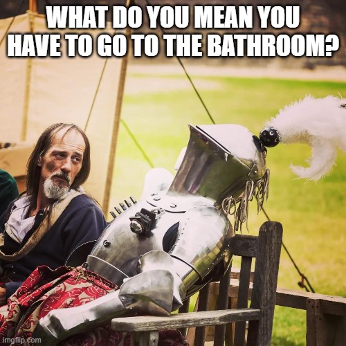 Knight Problems | WHAT DO YOU MEAN YOU HAVE TO GO TO THE BATHROOM? | image tagged in knight,humor,ren fest,funny | made w/ Imgflip meme maker