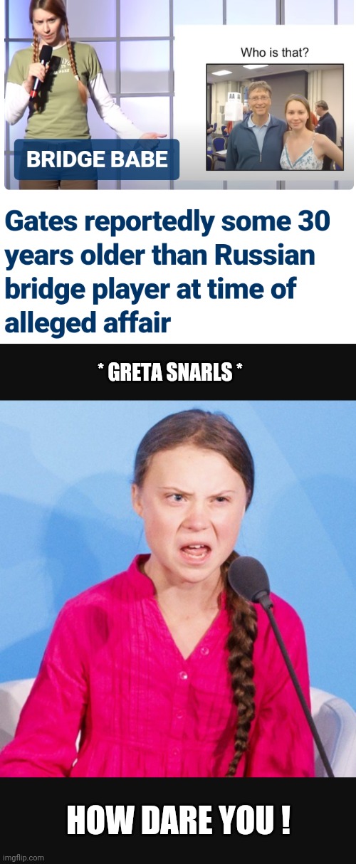 Who Dat? | * GRETA SNARLS *; HOW DARE YOU ! | image tagged in gates,epstein,leftists,liberals,democrats,greta | made w/ Imgflip meme maker
