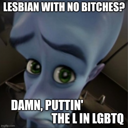 Puttin' da L in LGBTQ | LESBIAN WITH NO BITCHES? DAMN, PUTTIN'                                     THE L IN LGBTQ | image tagged in megamind peeking,lmao,lmaough,hahaha,lgbtq,lesbians | made w/ Imgflip meme maker