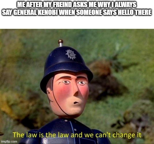 The law is the law and we can't change it | ME AFTER MY FREIND ASKS ME WHY I ALWAYS SAY GENERAL KENOBI WHEN SOMEONE SAYS HELLO THERE | image tagged in the law is the law and we can't change it,memes,funny,star wars,general kenobi hello there | made w/ Imgflip meme maker