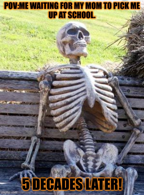 Ahhh beast | POV:ME WAITING FOR MY MOM TO PICK ME
UP AT SCHOOL. 5 DECADES LATER! | image tagged in memes,waiting skeleton | made w/ Imgflip meme maker