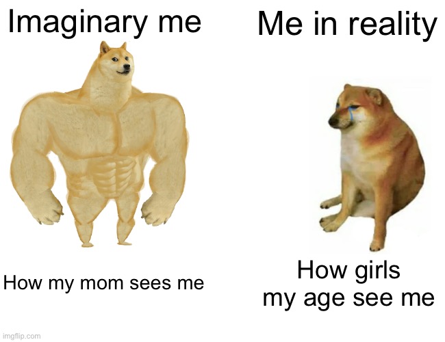 Buff Doge vs. Cheems | Imaginary me; Me in reality; How my mom sees me; How girls my age see me | image tagged in memes,buff doge vs cheems | made w/ Imgflip meme maker