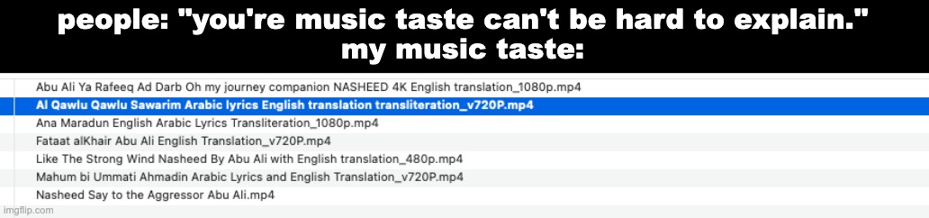 my music taste would be difficult to explain, especially kids at school. | people: "you're music taste can't be hard to explain."
my music taste: | made w/ Imgflip meme maker