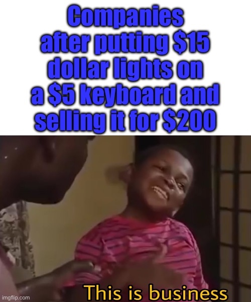 This is business | Companies after putting $15 dollar lights on a $5 keyboard and selling it for $200 | image tagged in this is business | made w/ Imgflip meme maker