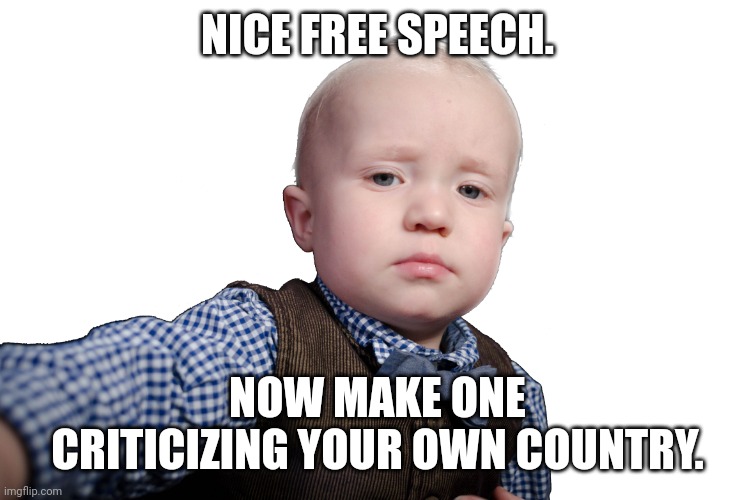 Unimpressed kid | NICE FREE SPEECH. NOW MAKE ONE CRITICIZING YOUR OWN COUNTRY. | image tagged in unimpressed kid | made w/ Imgflip meme maker