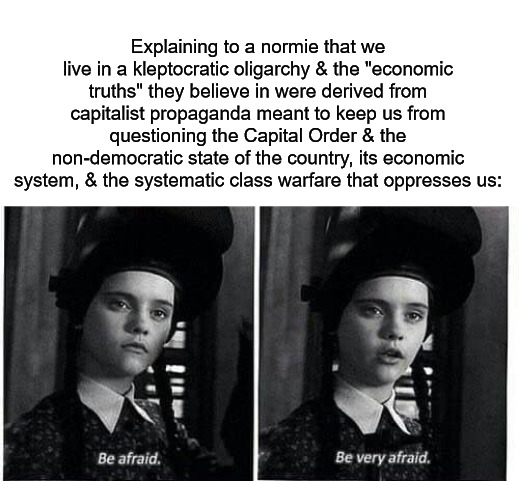 Wensday be afraid | Explaining to a normie that we live in a kleptocratic oligarchy & the "economic truths" they believe in were derived from capitalist propaganda meant to keep us from questioning the Capital Order & the non-democratic state of the country, its economic system, & the systematic class warfare that oppresses us: | image tagged in wensday be afraid,capitalism,normie,oligarchy,propaganda | made w/ Imgflip meme maker