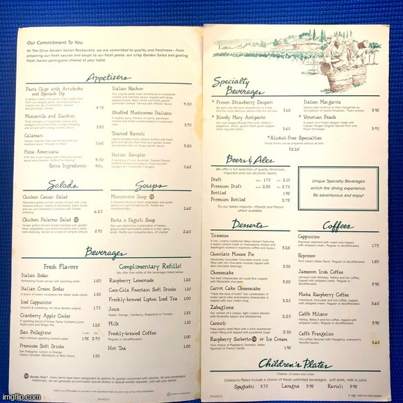 Found this Olive Garden menu from the 80s, BRO SHIT WAS CHEAP BACK THEN | made w/ Imgflip meme maker