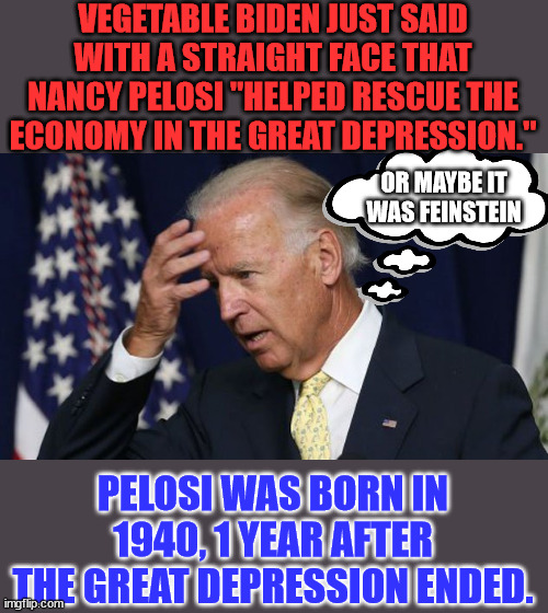 Maybe now Libs will acknnowledge he's not all there... and hasn't been for years... | VEGETABLE BIDEN JUST SAID WITH A STRAIGHT FACE THAT NANCY PELOSI "HELPED RESCUE THE ECONOMY IN THE GREAT DEPRESSION."; OR MAYBE IT WAS FEINSTEIN; PELOSI WAS BORN IN 1940, 1 YEAR AFTER THE GREAT DEPRESSION ENDED. | image tagged in joe biden worries,dementia,joe biden | made w/ Imgflip meme maker