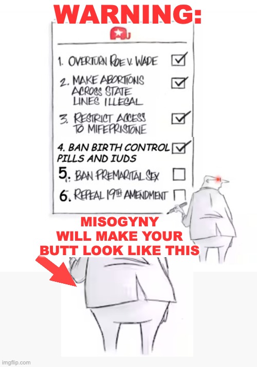 The dangers of oppression | WARNING:; MISOGYNY
WILL MAKE YOUR
BUTT LOOK LIKE THIS | image tagged in misogyny,women's rights,health care | made w/ Imgflip meme maker