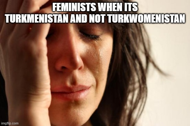 might be offensive | FEMINISTS WHEN ITS TURKMENISTAN AND NOT TURKWOMENISTAN | image tagged in memes,first world problems | made w/ Imgflip meme maker