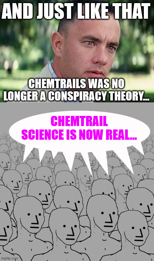 AND JUST LIKE THAT CHEMTRAILS WAS NO LONGER A CONSPIRACY THEORY... CHEMTRAIL SCIENCE IS NOW REAL... | image tagged in memes,and just like that,npc-crowd | made w/ Imgflip meme maker