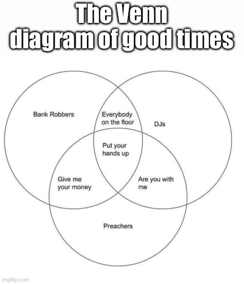 Good times | The Venn diagram of good times | image tagged in good times,venn diagram,preacher,bank robber,dj | made w/ Imgflip meme maker