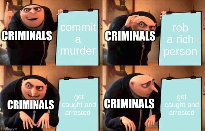 a criminals plan | commit a murder; rob a rich person; CRIMINALS; CRIMINALS; get caught and arrested; get caught and arrested; CRIMINALS; CRIMINALS | image tagged in memes,gru's plan,a criminals plan | made w/ Imgflip meme maker