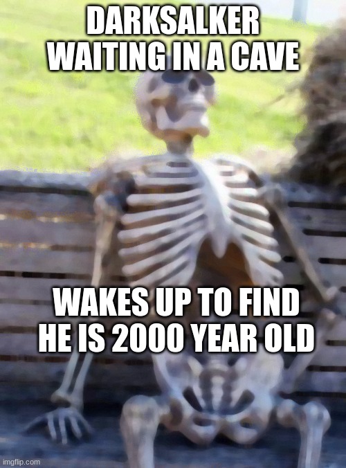 TUI+BOOK=WOF | DARKSALKER WAITING IN A CAVE; WAKES UP TO FIND HE IS 2000 YEAR OLD | image tagged in memes,waiting skeleton | made w/ Imgflip meme maker