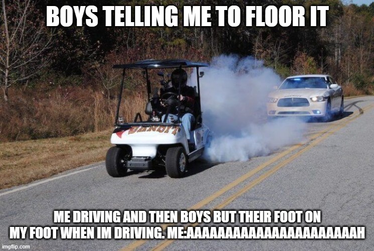 Boys telling me to drive the golf cart | BOYS TELLING ME TO FLOOR IT; ME DRIVING AND THEN BOYS BUT THEIR FOOT ON MY FOOT WHEN IM DRIVING. ME:AAAAAAAAAAAAAAAAAAAAAAH | image tagged in funny | made w/ Imgflip meme maker