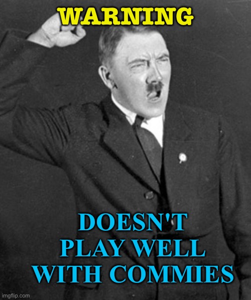 Warning | WARNING; DOESN'T PLAY WELL WITH COMMIES | image tagged in angry hitler | made w/ Imgflip meme maker