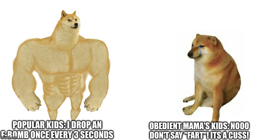 Comment which one YOU are below! | POPULAR KIDS: I DROP AN F-BOMB ONCE EVERY 3 SECONDS; OBEDIENT MAMA'S KIDS: NOOO DON'T SAY "FART"! ITS A CUSS! | image tagged in buff doge vs crying cheems,swearing,memes,kids | made w/ Imgflip meme maker
