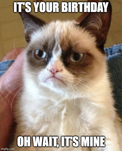 Grumpy Cat Meme | IT'S YOUR BIRTHDAY; OH WAIT, IT'S MINE | image tagged in memes,grumpy cat | made w/ Imgflip meme maker