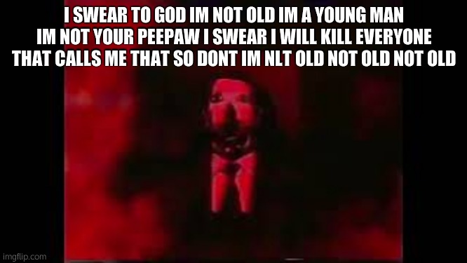 IM NOT OLD | I SWEAR TO GOD IM NOT OLD IM A YOUNG MAN IM NOT YOUR PEEPAW I SWEAR I WILL KILL EVERYONE THAT CALLS ME THAT SO DONT IM NLT OLD NOT OLD NOT OLD | image tagged in william afton burning in hell | made w/ Imgflip meme maker