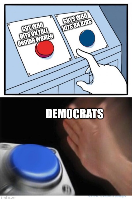 Easy choice for them I guess | GUYS WHO HITS ON KIDS; GUY WHO HITS ON FULL GROWN WOMEN; DEMOCRATS | image tagged in two buttons 1 blue,democrats,donald trump,joe biden,pedobear | made w/ Imgflip meme maker