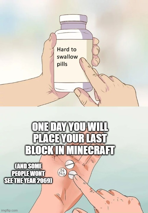 Sad | ONE DAY YOU WILL PLACE YOUR LAST BLOCK IN MINECRAFT; (AND SOME PEOPLE WONT SEE THE YEAR 2069) | image tagged in memes,hard to swallow pills | made w/ Imgflip meme maker