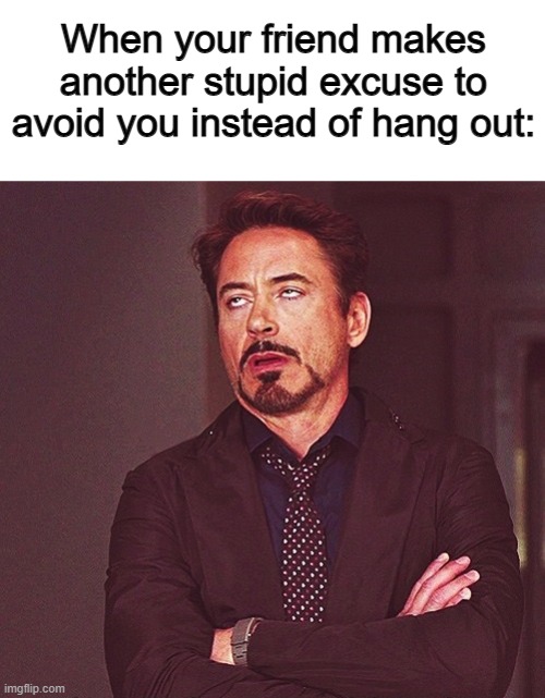 -_- | When your friend makes another stupid excuse to avoid you instead of hang out: | image tagged in robert downey jr rolling eyes | made w/ Imgflip meme maker