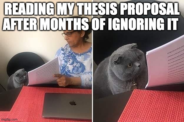 thesis | READING MY THESIS PROPOSAL AFTER MONTHS OF IGNORING IT | image tagged in woman showing paper to cat | made w/ Imgflip meme maker