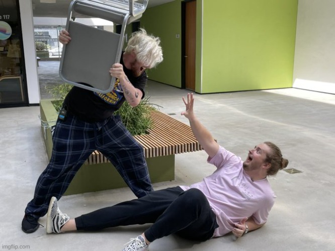 Alpharad hitting purplecliffe with a chair | image tagged in alpharad hitting purplecliffe with a chair | made w/ Imgflip meme maker