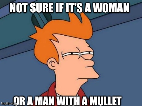 Futurama Fry Meme | NOT SURE IF IT'S A WOMAN  OR A MAN WITH A MULLET | image tagged in memes,futurama fry | made w/ Imgflip meme maker